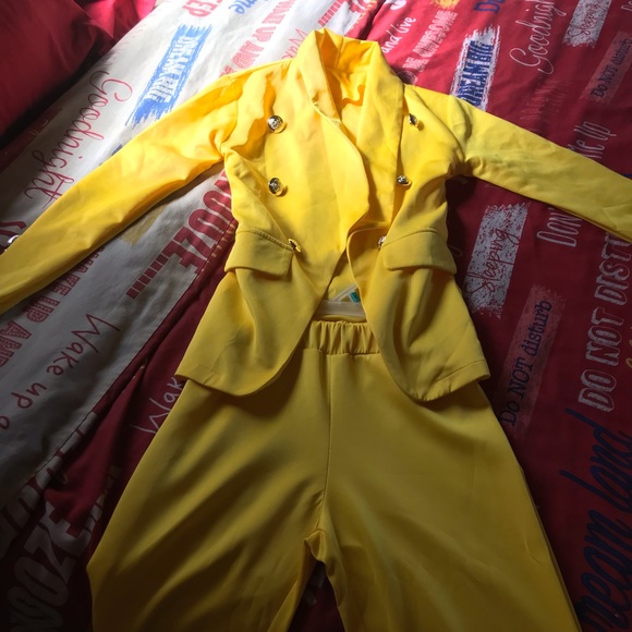 Women's Solid Color Two-piece Casual Blazer Jacket and Pants  Yellow XXS - Picture 5 of 16